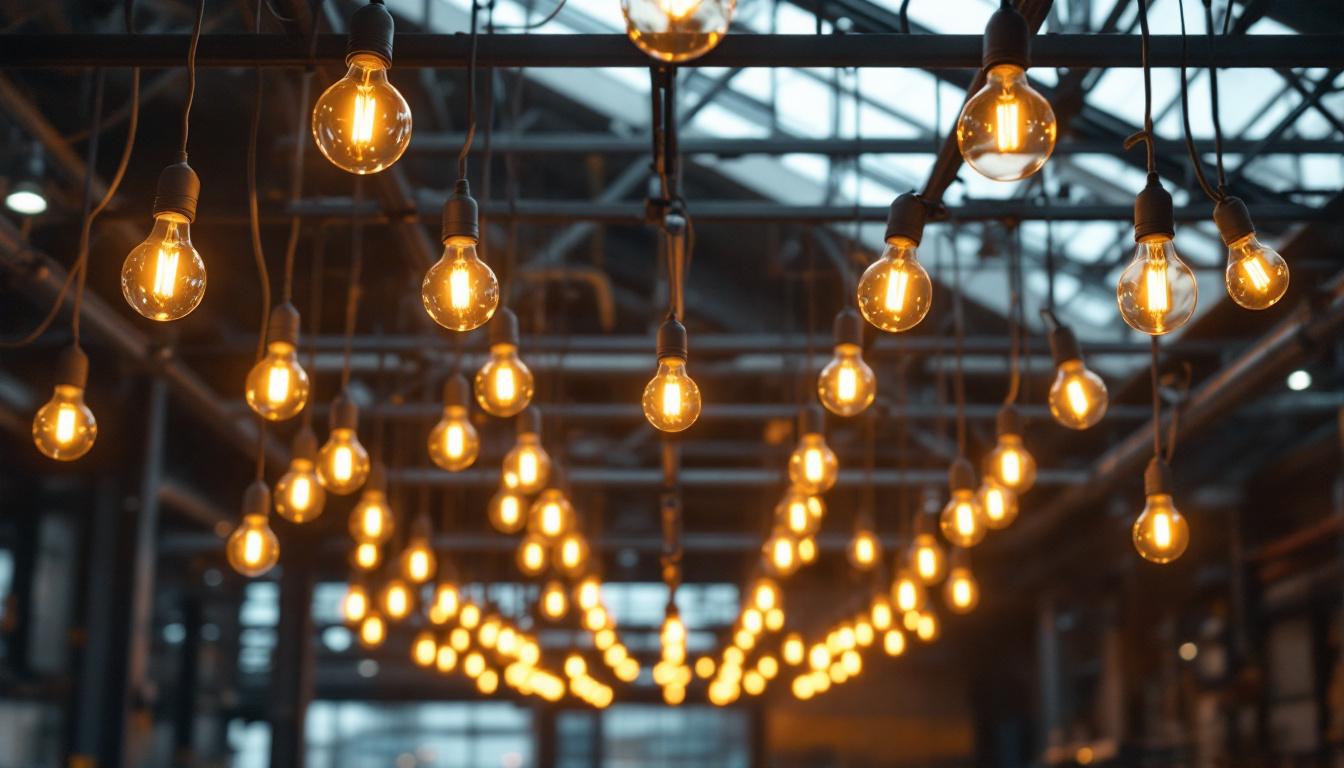 A photograph of a large-scale lighting installation featuring 277-volt light bulbs in an industrial or commercial setting