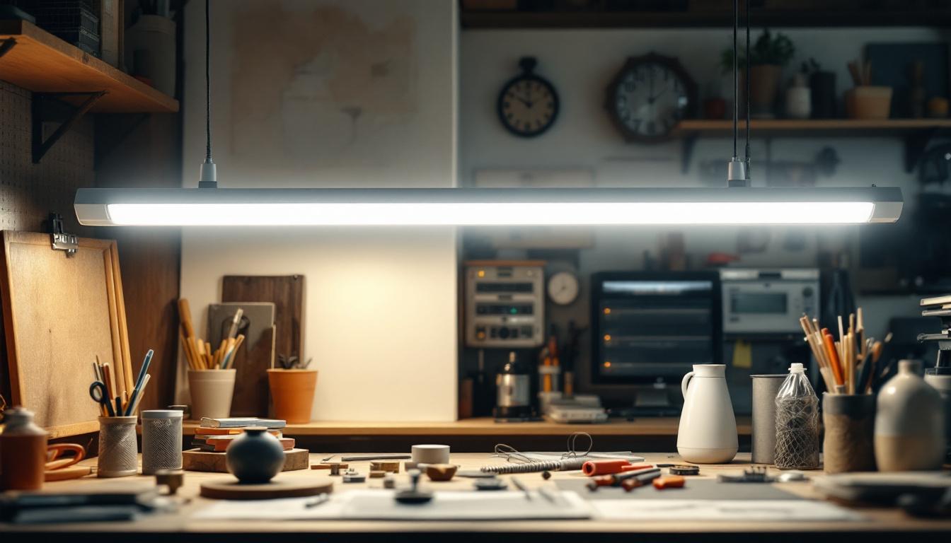 A photograph of a well-lit workspace featuring a modern led t8 fixture