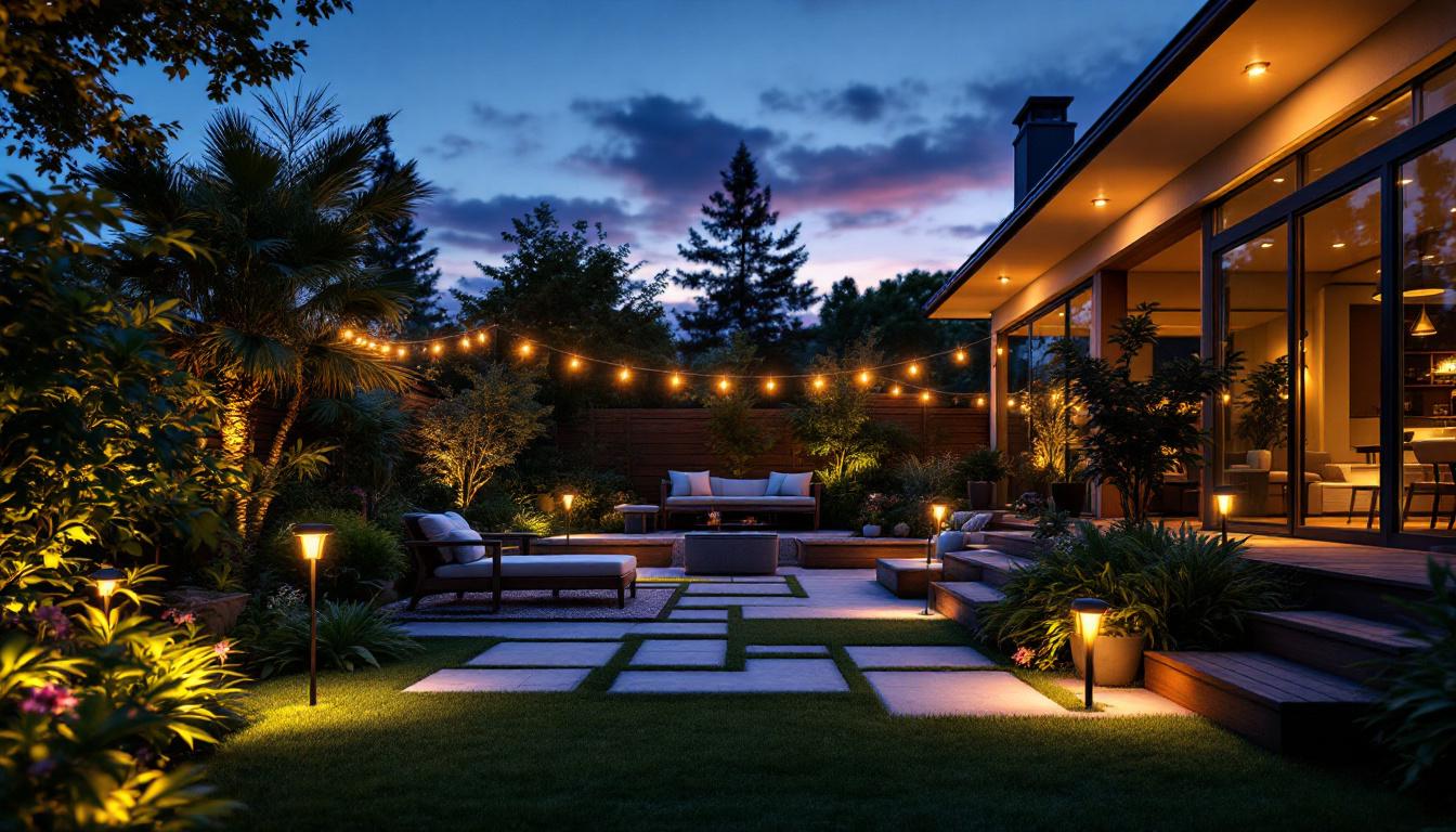 A photograph of a beautifully lit backyard at dusk