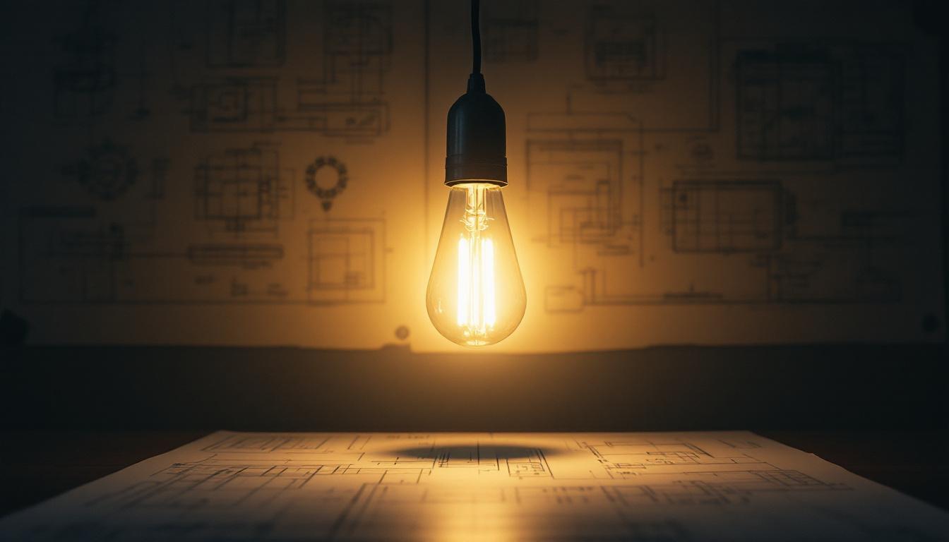 A photograph of a vintage fluorescent lamp glowing softly in a dimly lit room