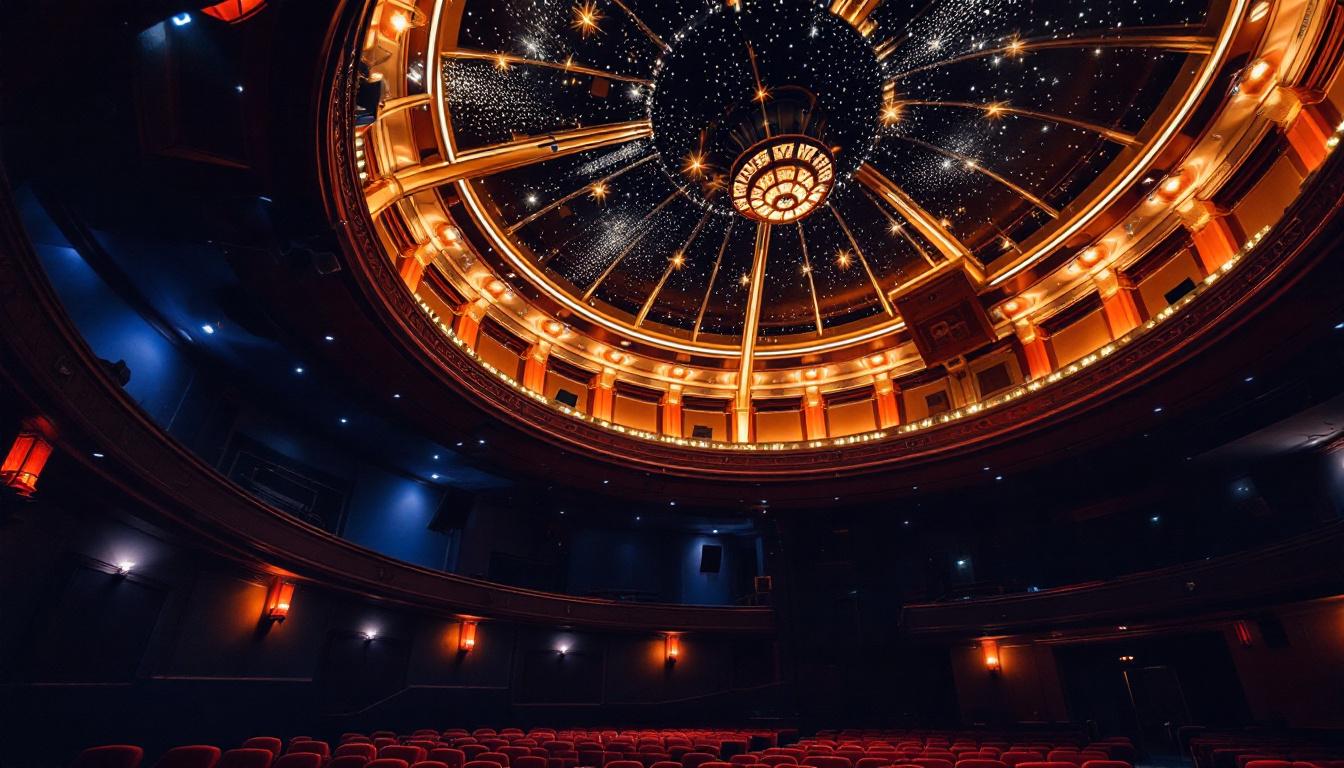 A photograph of a beautifully designed movie theater ceiling that showcases its architectural features