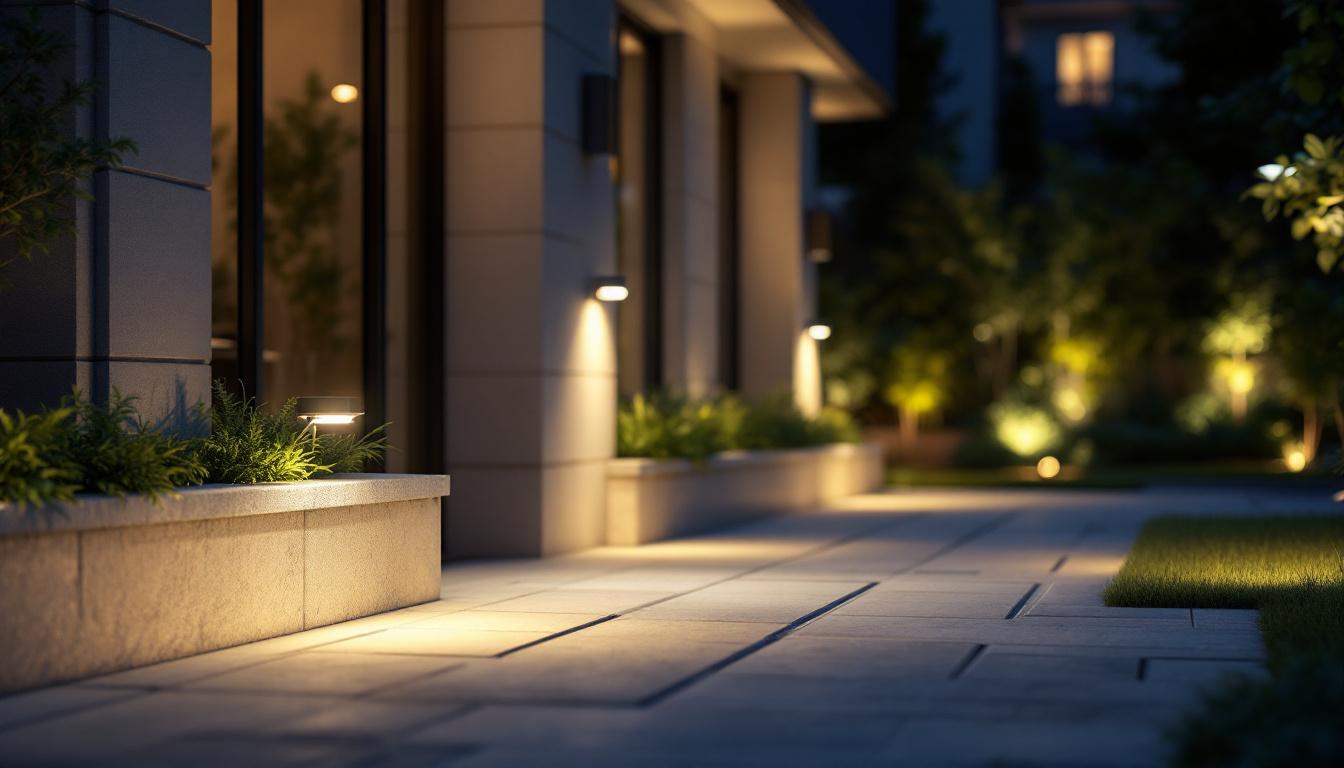 A photograph of a beautifully illuminated outdoor space featuring strategically placed sensor lights