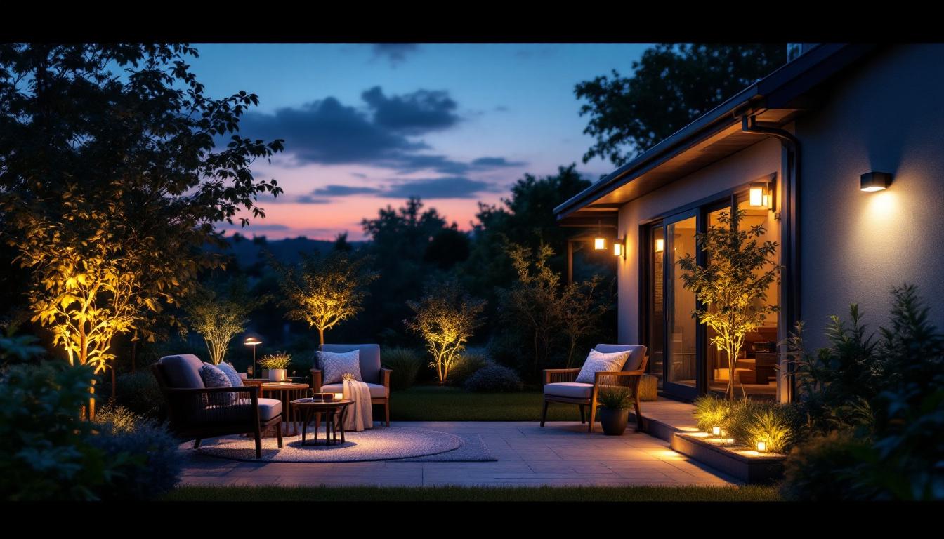 A photograph of a beautifully illuminated outdoor space featuring various solar lighting installations