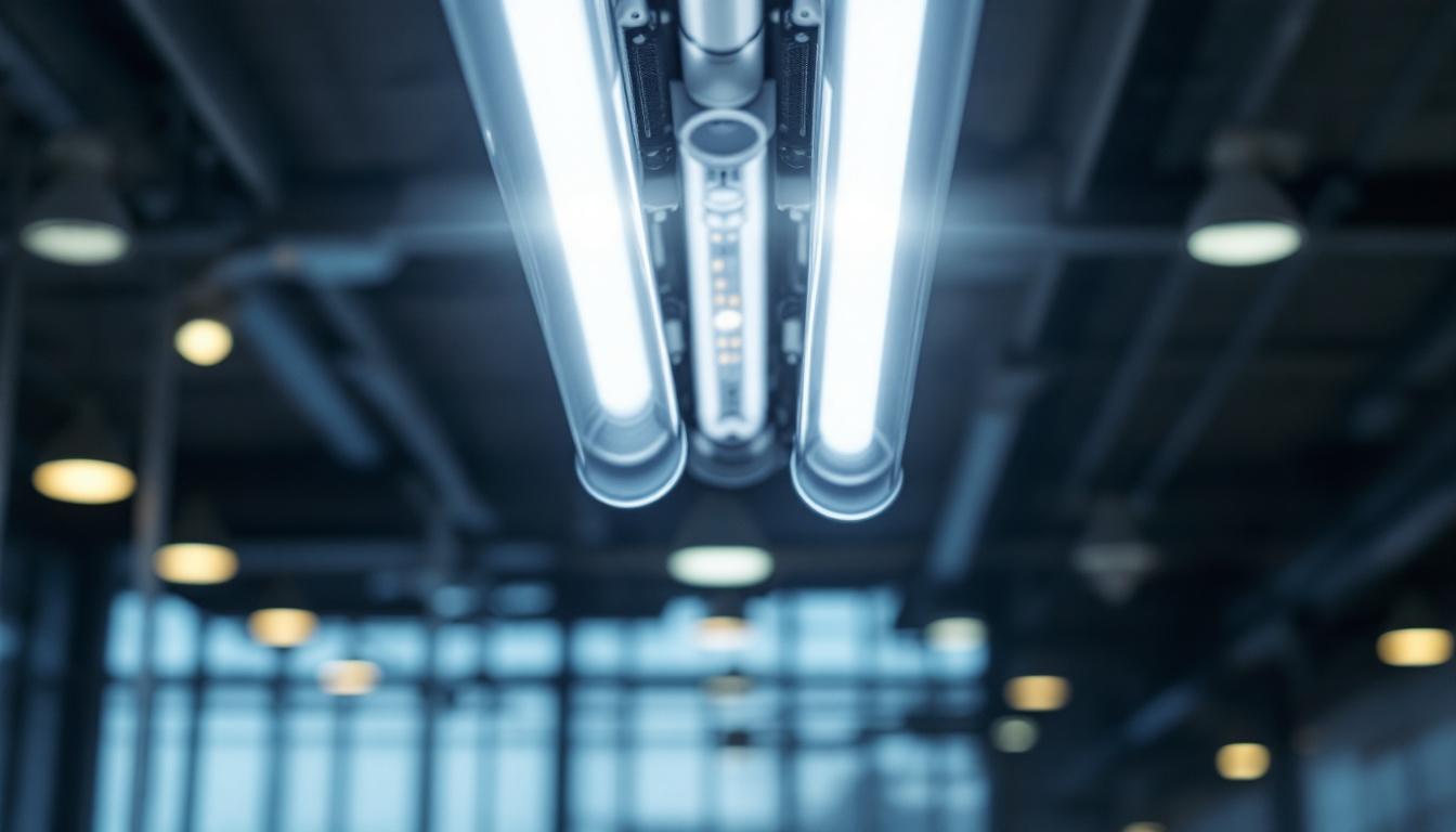 A photograph of a fluorescent lighting fixture prominently displaying both traditional fluorescent tubes and led bulbs