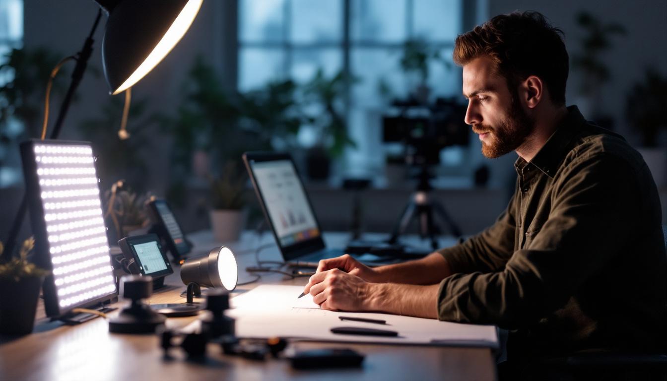 A photograph of a lighting engineer at work