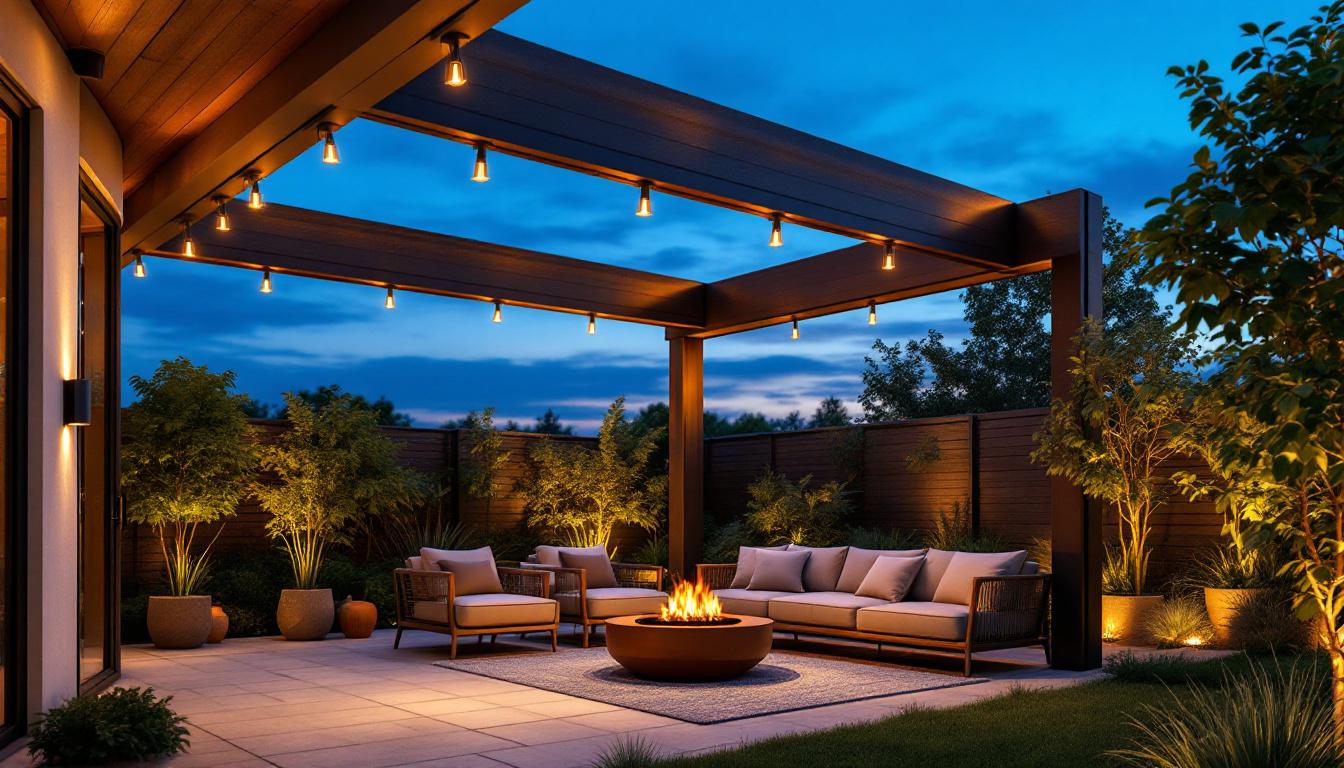 A photograph of a beautifully designed outdoor patio featuring stylish ceiling lighting