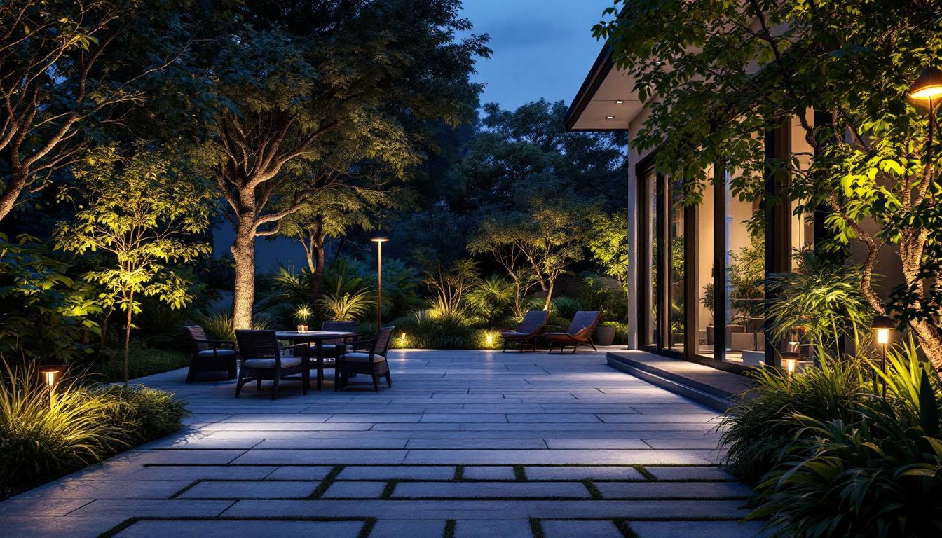A photograph of a beautifully illuminated outdoor space featuring innovative lighting designs