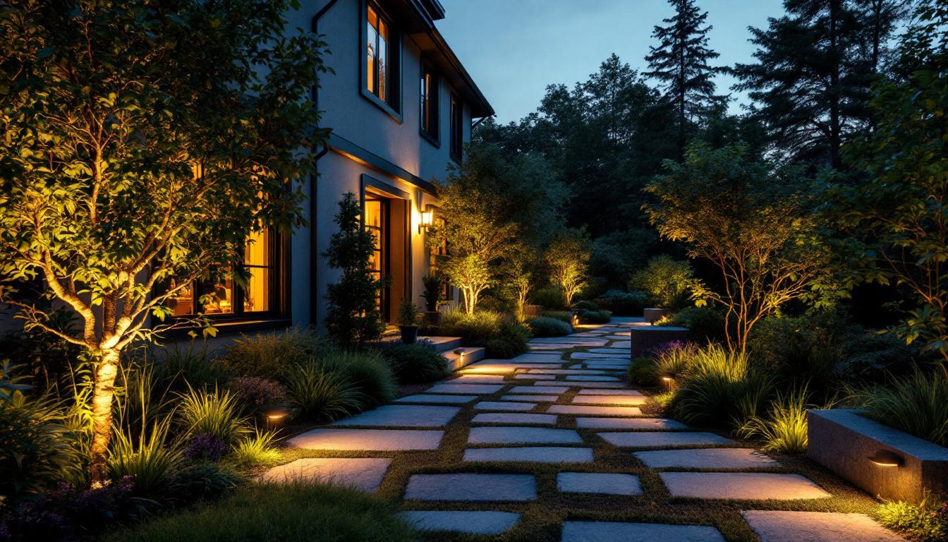 A photograph of a beautifully illuminated residential outdoor space at dusk