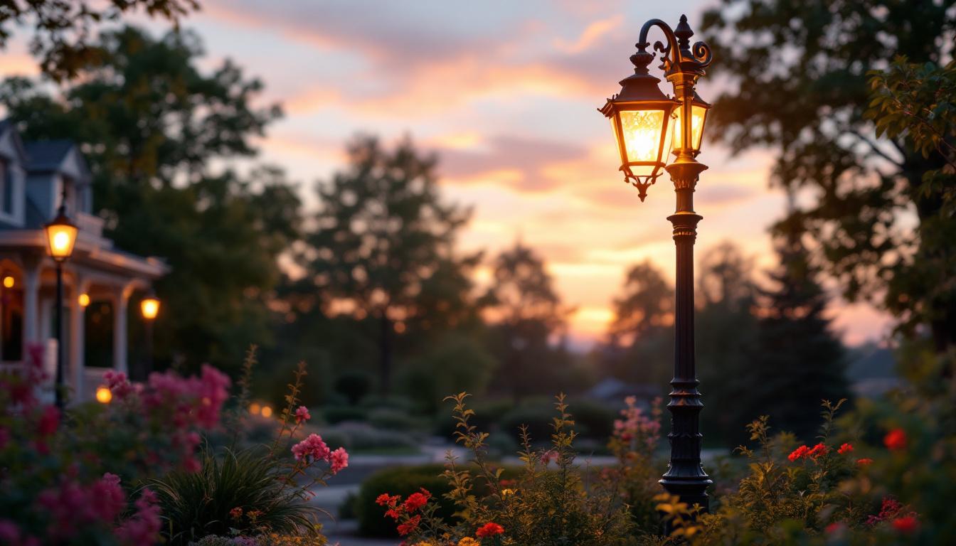 A photograph of an elegant antique lamp post in a beautifully landscaped setting