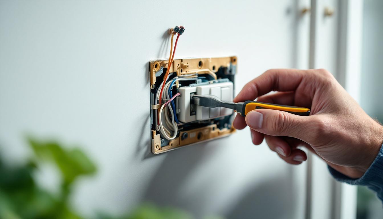 A photograph of a close-up of a person replacing a light switch