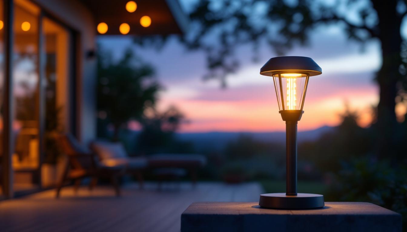 A photograph of a stylish solar lamp illuminating a cozy outdoor home setting during twilight