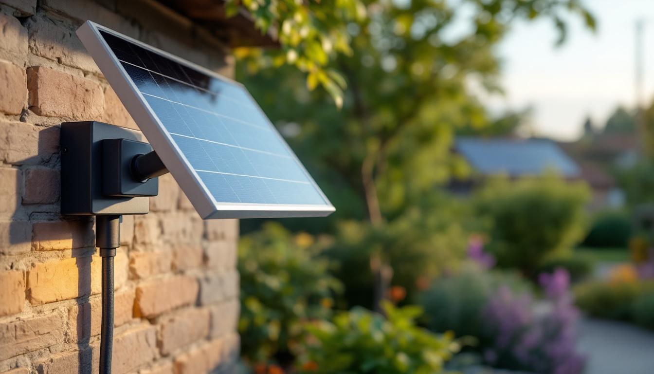 A photograph of a solar light mount installed in a landscaped outdoor setting
