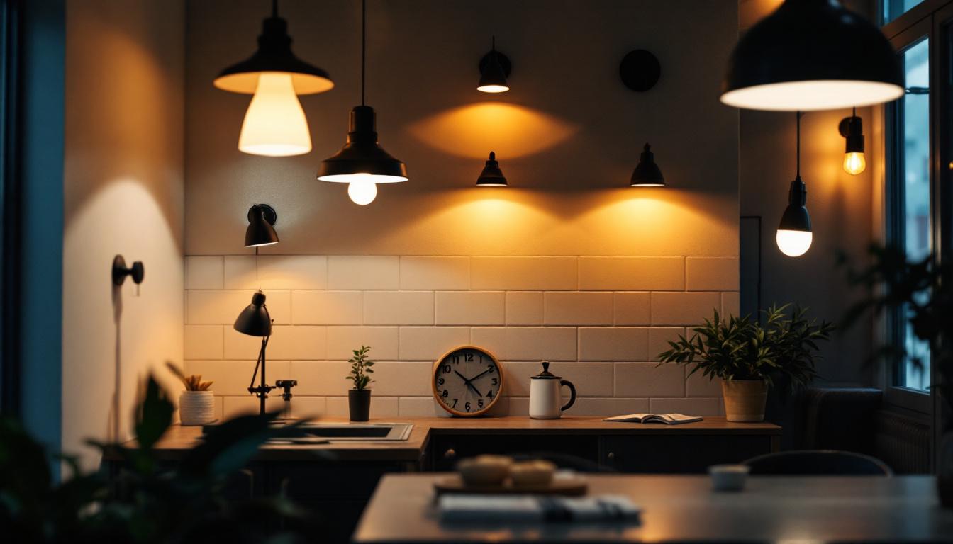 A photograph of a well-lit interior space showcasing various lighting fixtures in use