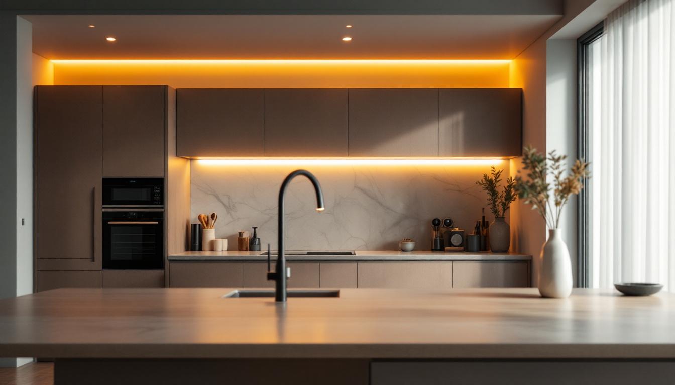 A photograph of a modern kitchen featuring stylish recessed lighting