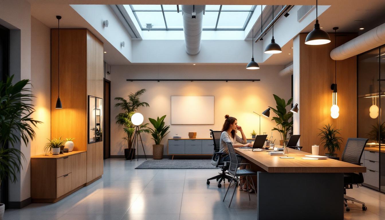 A photograph of a modern office space featuring a variety of lighting options