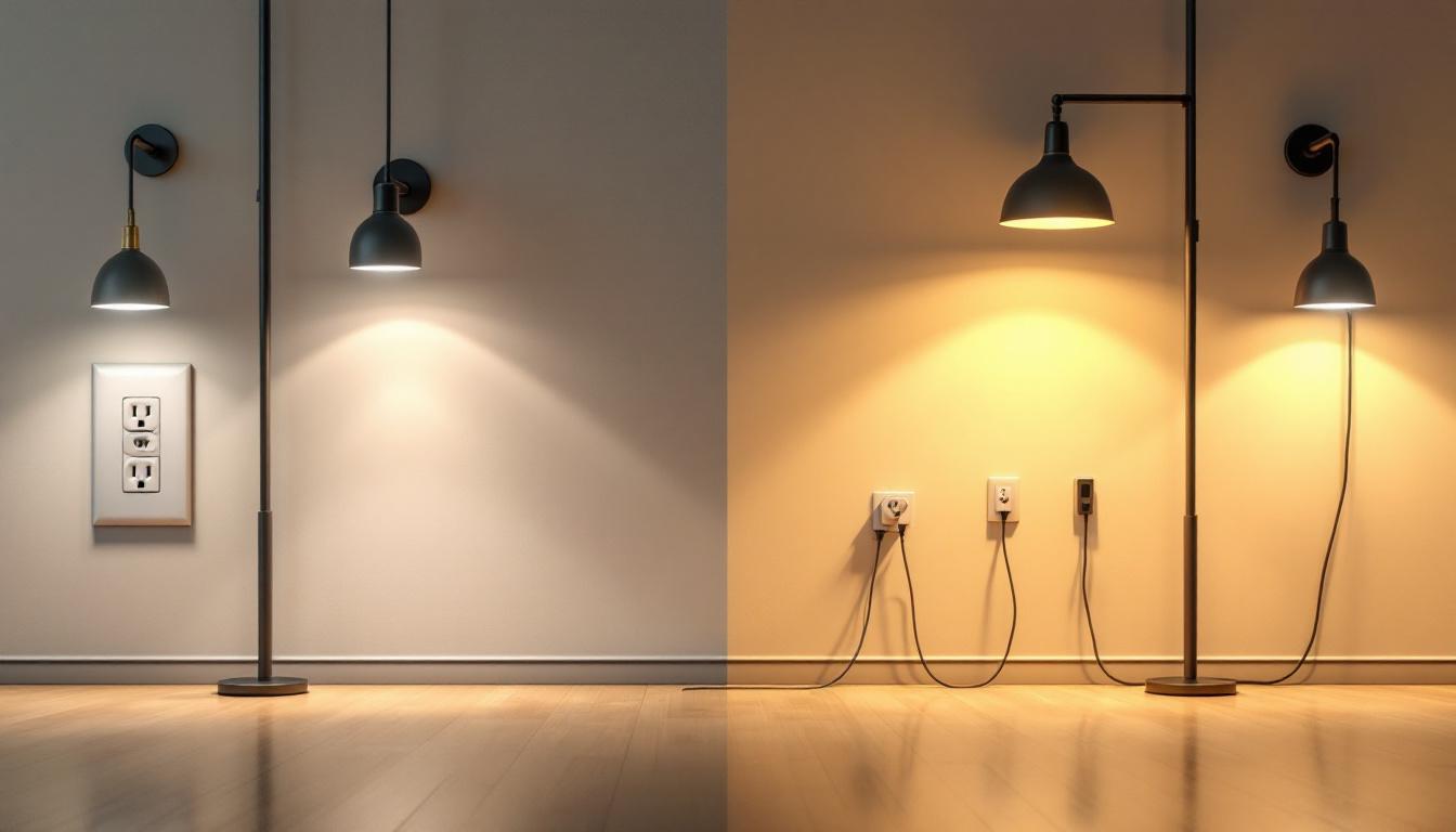 A photograph of a well-lit interior space showcasing various types of electrical outlets and lighting fixtures