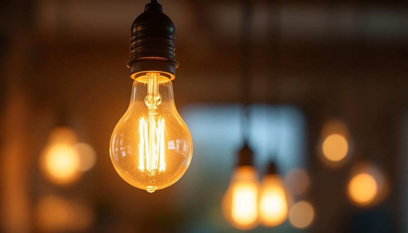 A photograph of a hanging light bulb in a cozy