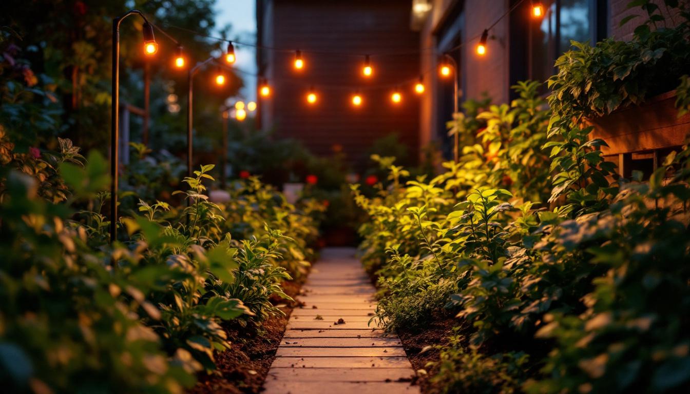 A photograph of a vibrant outdoor garden scene illuminated by solar grow lights at dusk