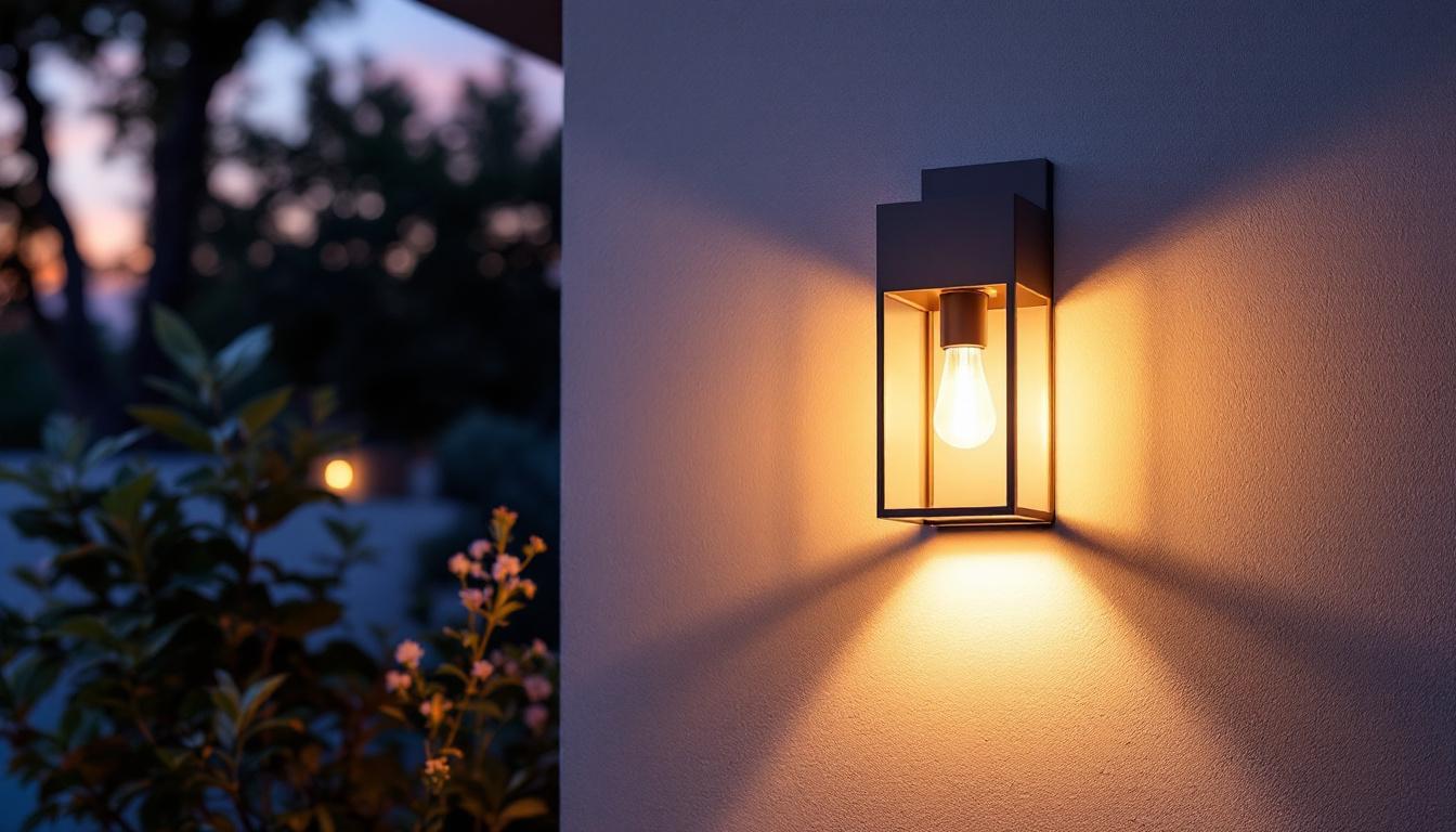 A photograph of a beautifully designed outside wall lamp illuminated at dusk