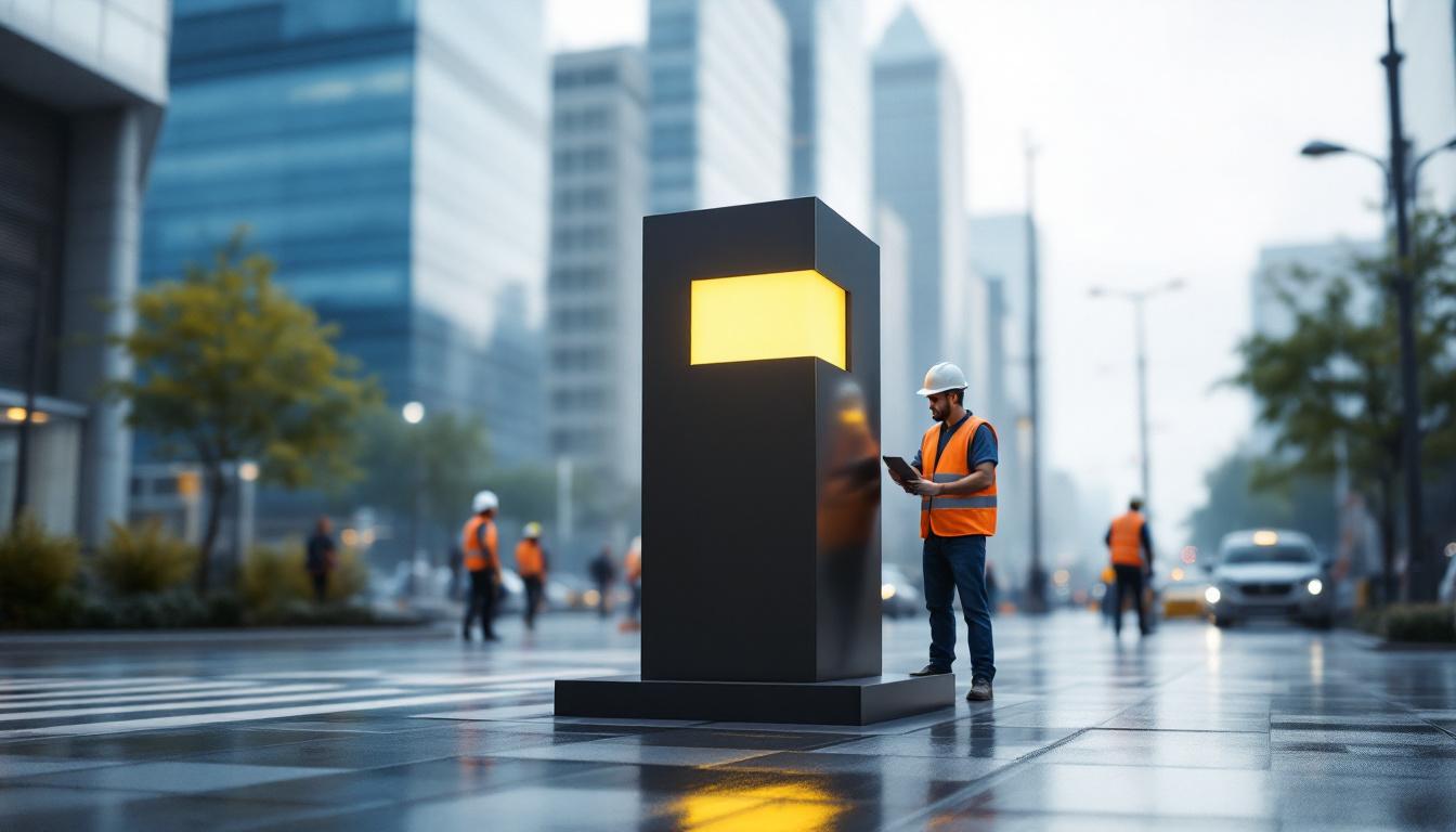 A photograph of a square bollard in an urban setting