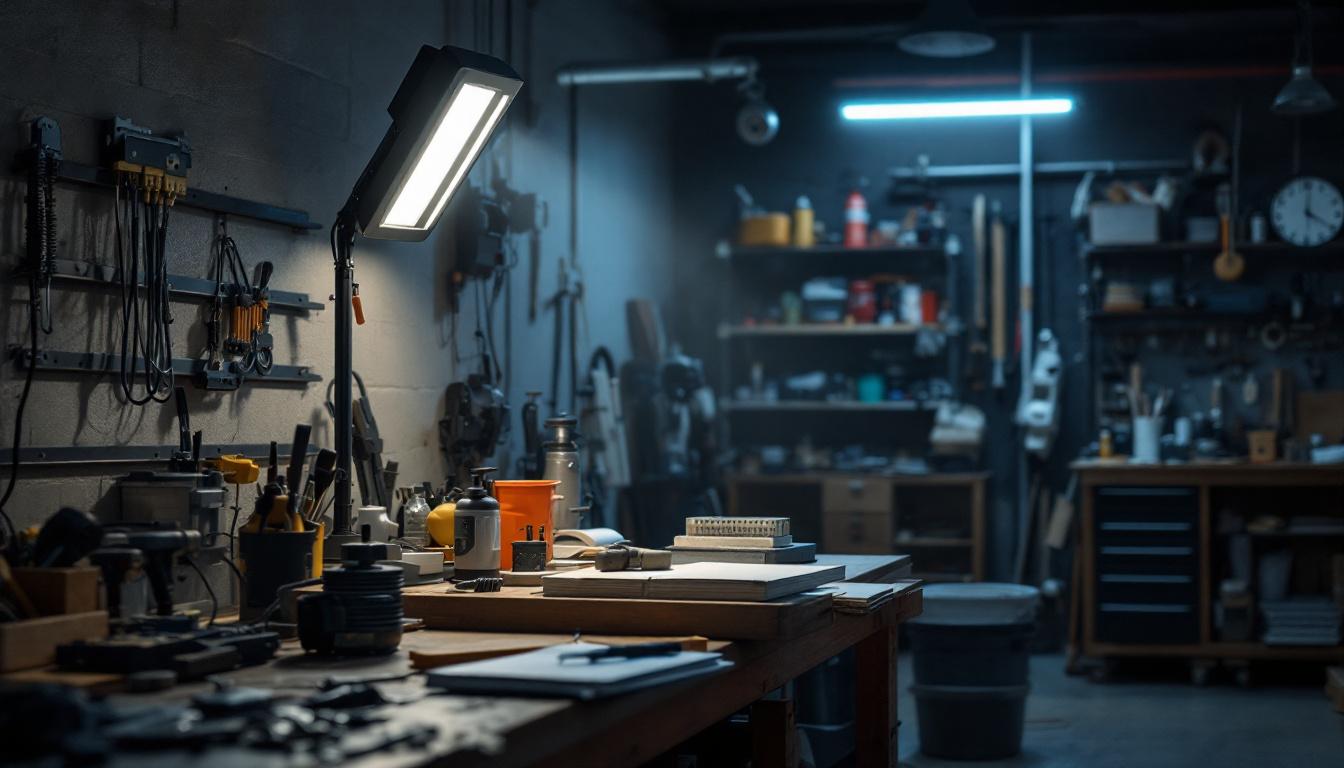 A photograph of a well-lit workshop or garage scene featuring a 5000 lumen shop light in action