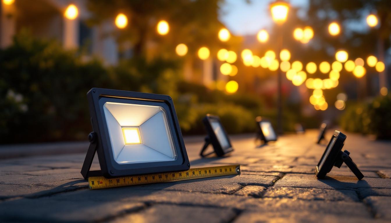 A photograph of a well-lit outdoor area showcasing various satco flood lights in action