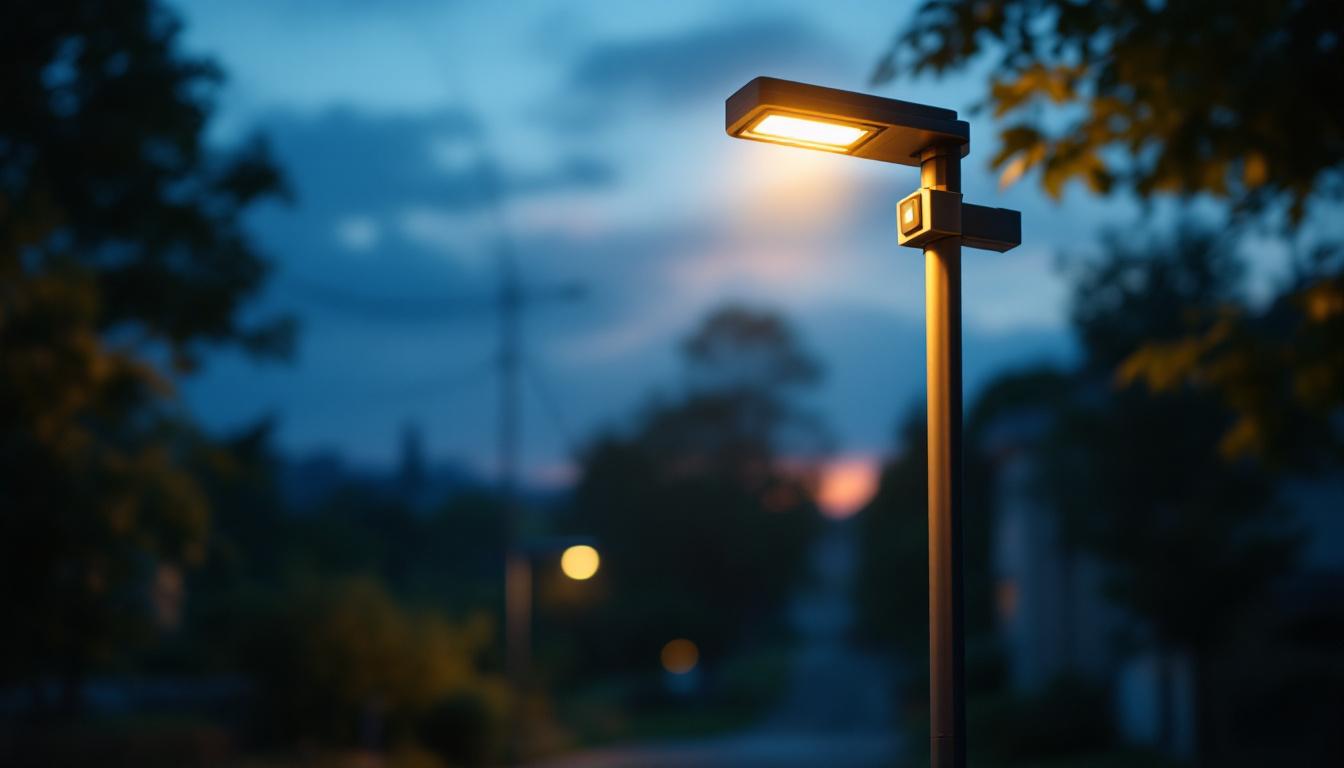A photograph of a well-lit outdoor scene featuring a modern light post equipped with a photocell sensor
