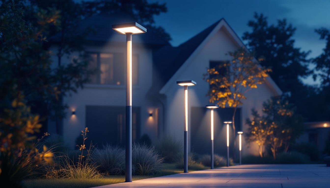 A photograph of a beautifully illuminated outdoor space featuring modern solar pole lights