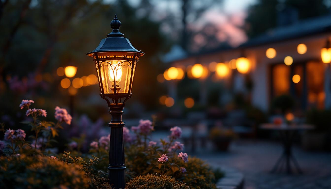 A photograph of a beautifully designed gas coach light illuminating a charming outdoor setting