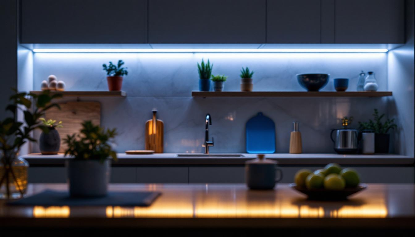 A photograph of a beautifully illuminated kitchen featuring under cabinet led lighting