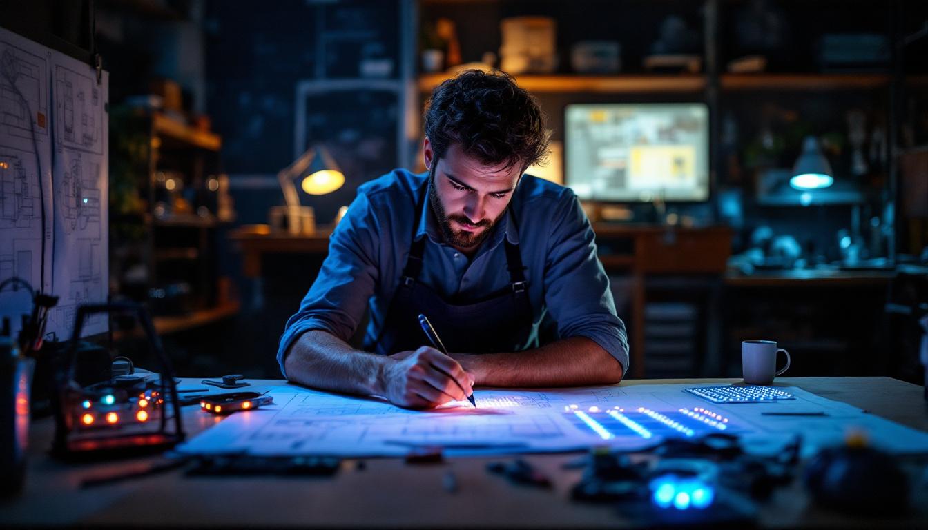 A photograph of a skilled electrical engineer intently calculating lighting designs for lotus can lights