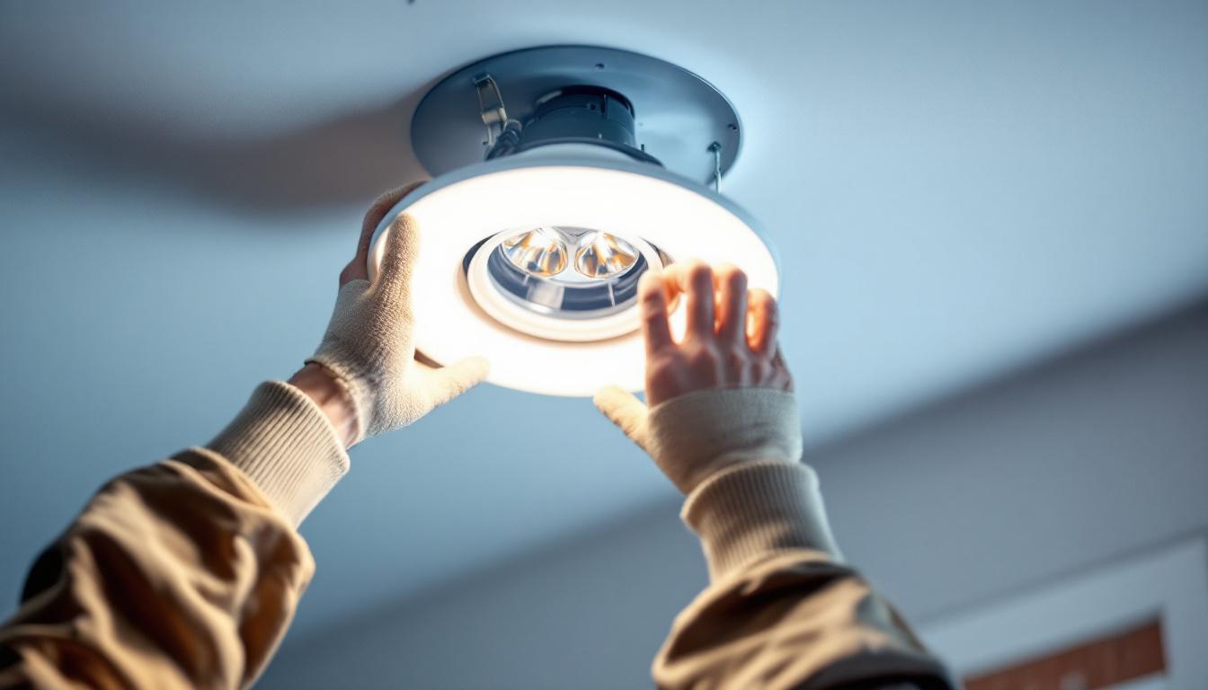 A photograph of a close-up view of a recessed ceiling light fixture being installed
