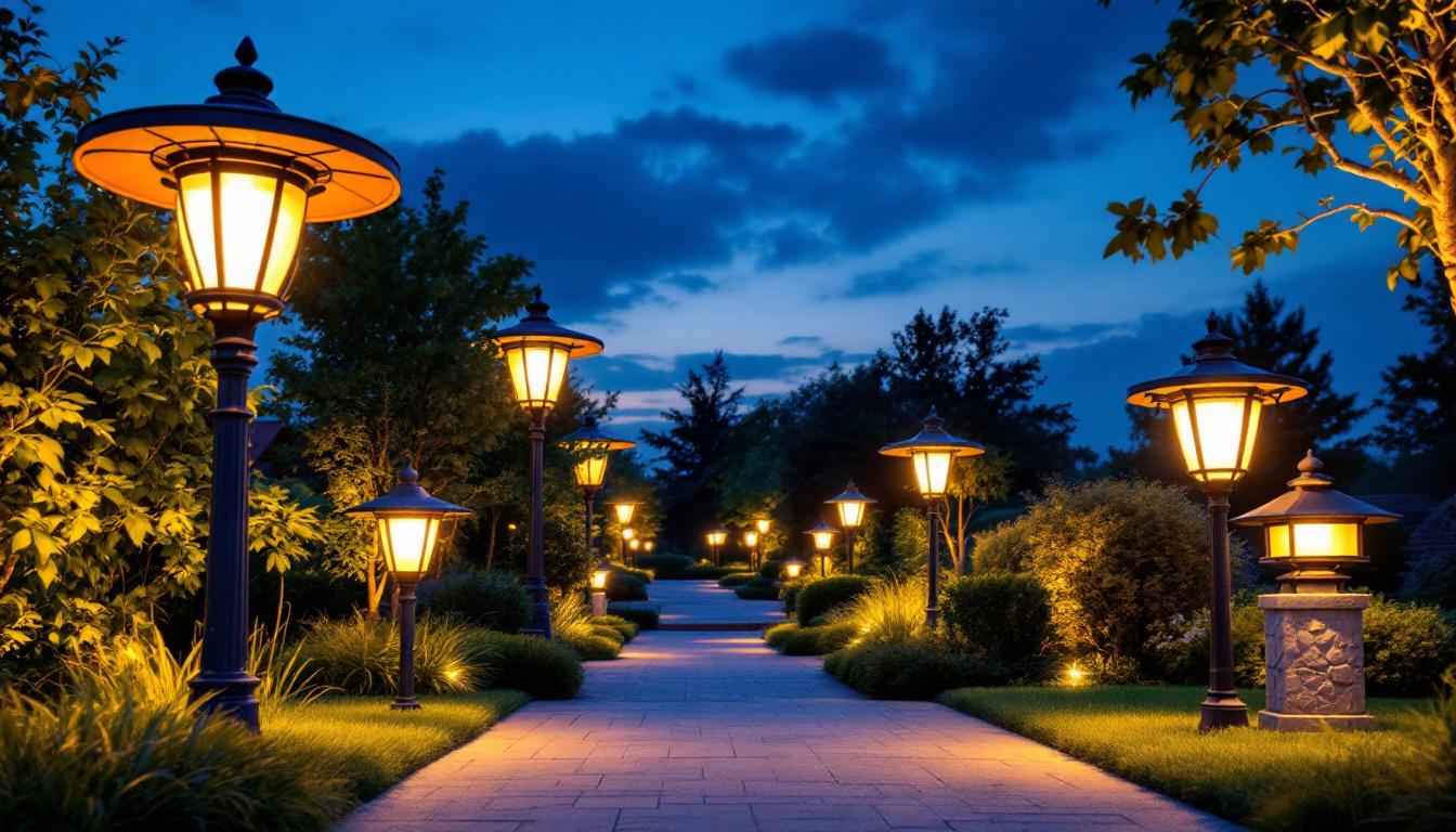 A photograph of a beautifully illuminated outdoor landscape showcasing a variety of large-scale landscape light fixtures