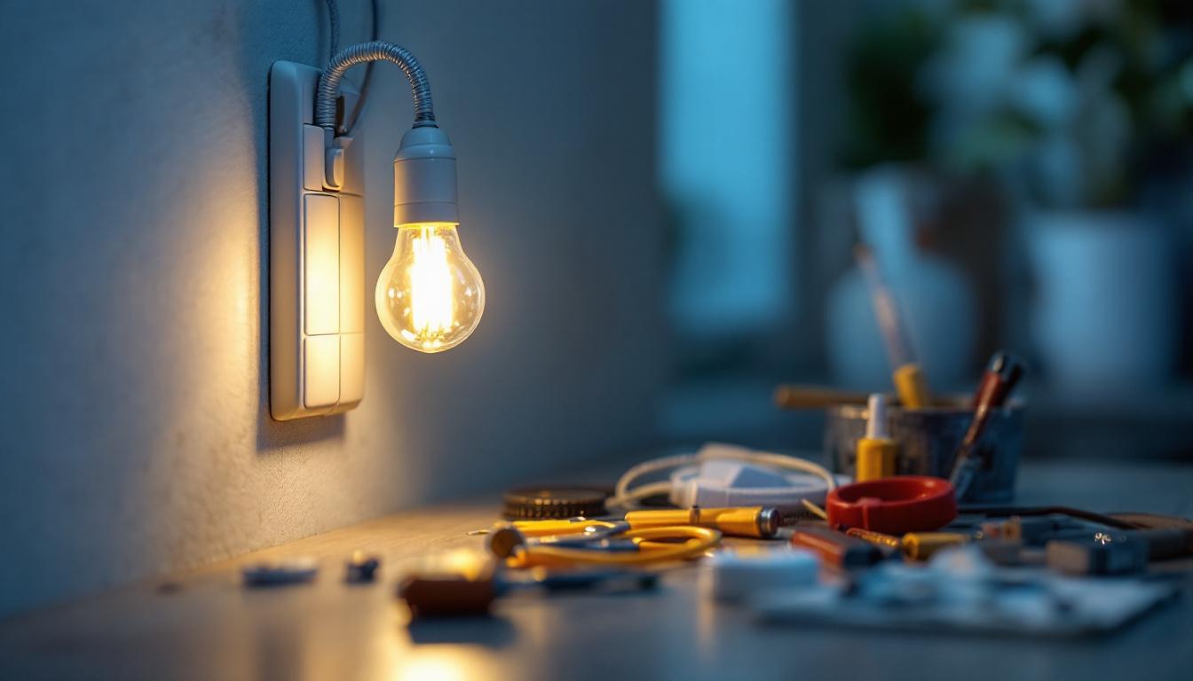 A photograph of a close-up of a lighted electrical switch in a well-lit room