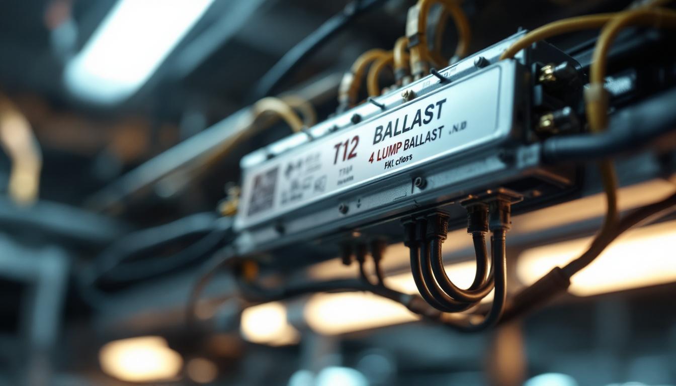 A photograph of a close-up view of a t12 4 lamp ballast installed in a commercial lighting fixture