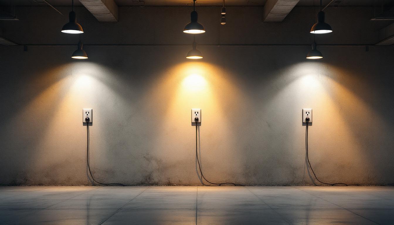 A photograph of a well-lit commercial space featuring multiple wall outlets in use