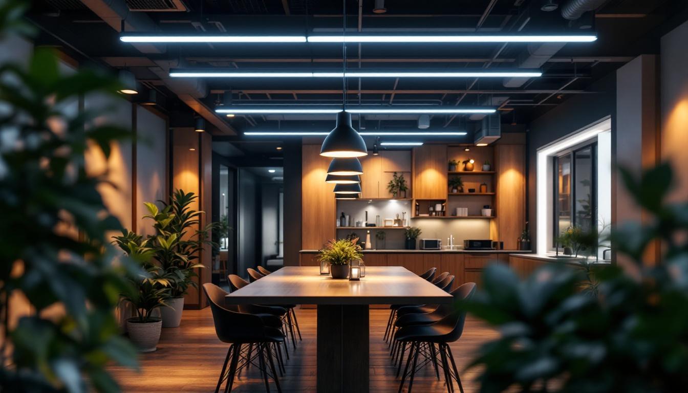 A photograph of a modern commercial space illuminated by a variety of indoor lighting designs