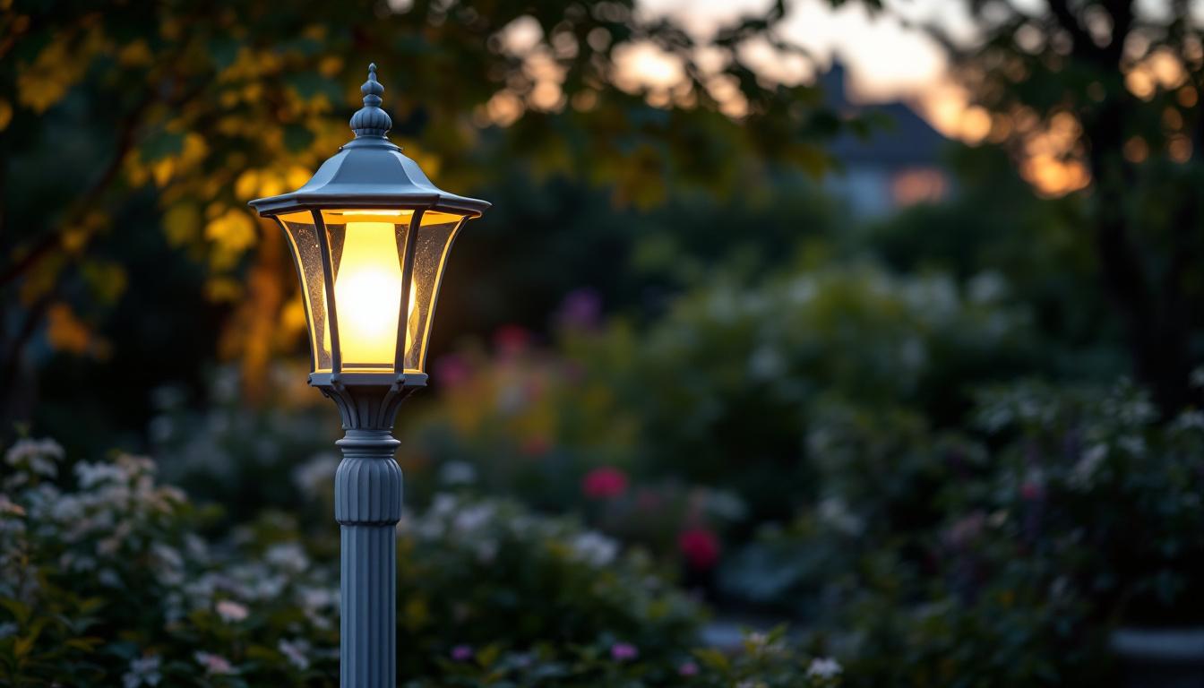 A photograph of a beautifully designed white outdoor lamp post illuminating a garden or walkway at dusk