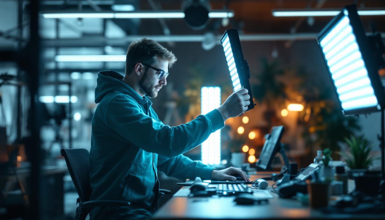 A photograph of a lighting engineer working with a 6-foot led light installation in a modern workspace