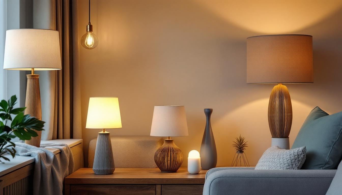 A photograph of various stylish lamps arranged in an inviting setting