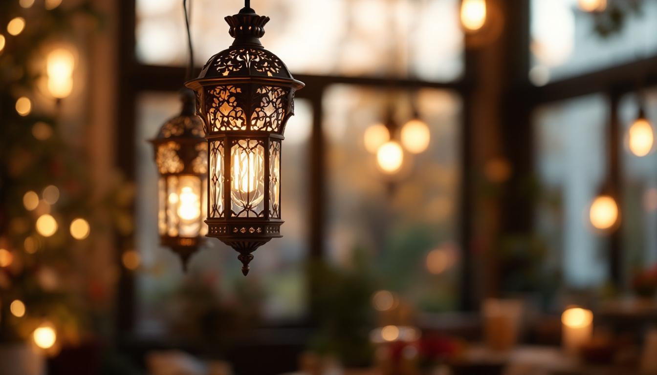 A photograph of a beautifully designed lantern-style hanging light fixture in a warm