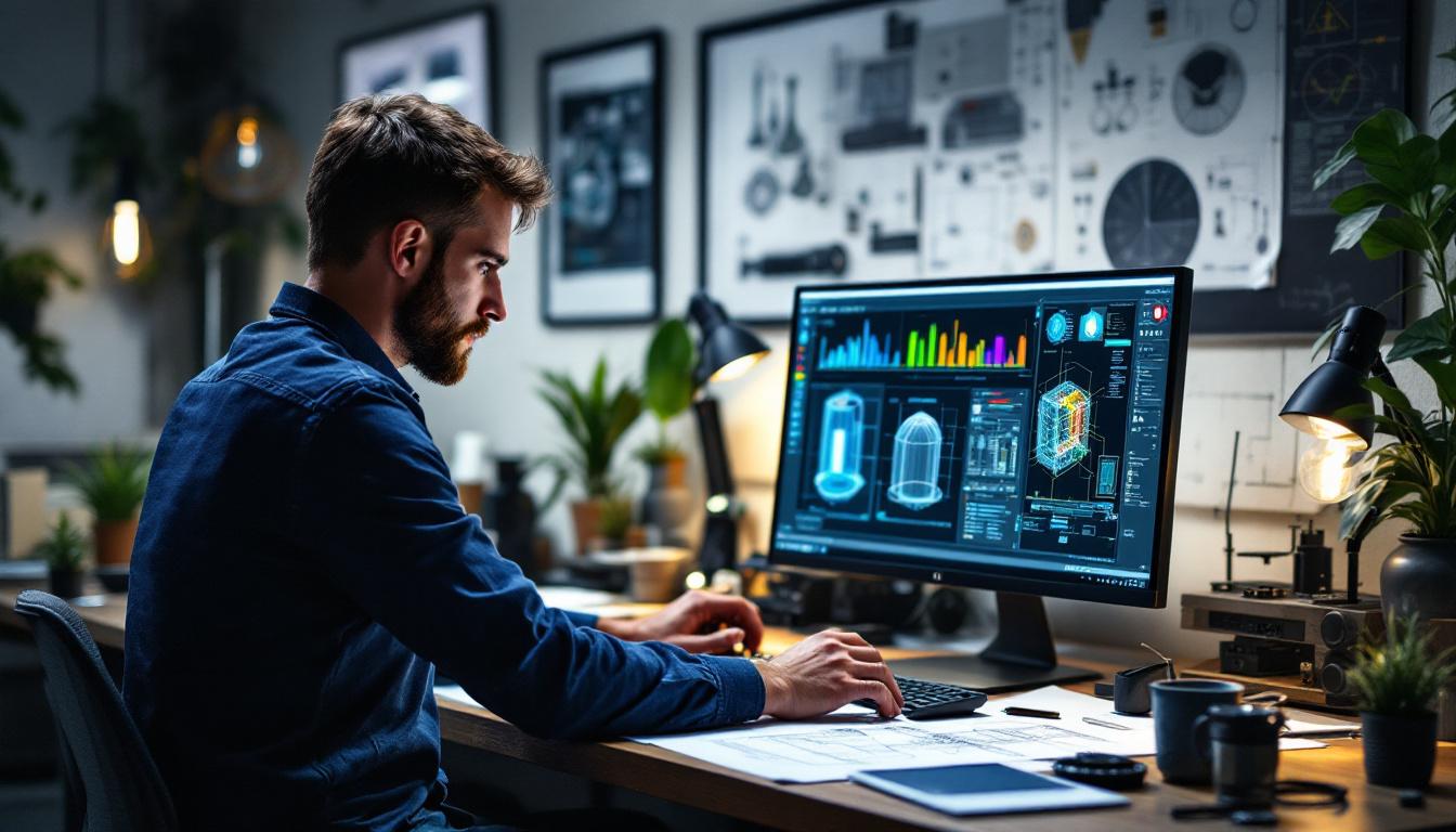 A photograph of a skilled electrical engineer meticulously designing a modern lighting fixture
