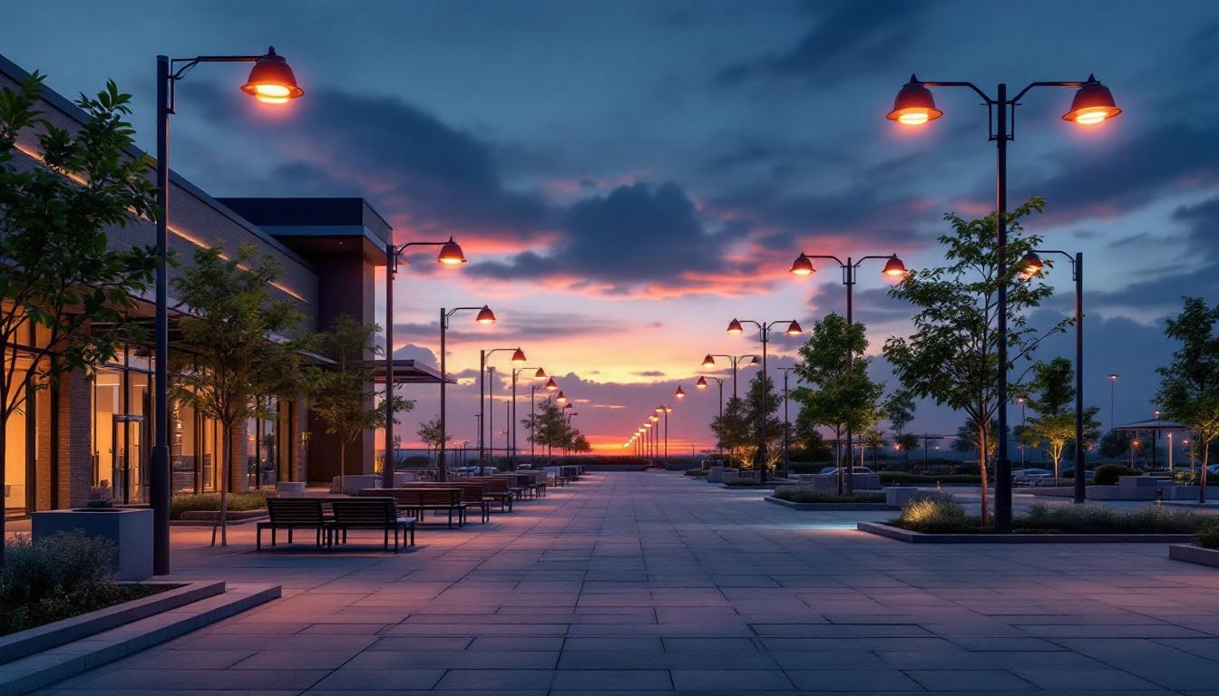 A photograph of a large-scale outdoor lighting installation showcasing various styles and applications of wholesale outside lights in a commercial or public setting