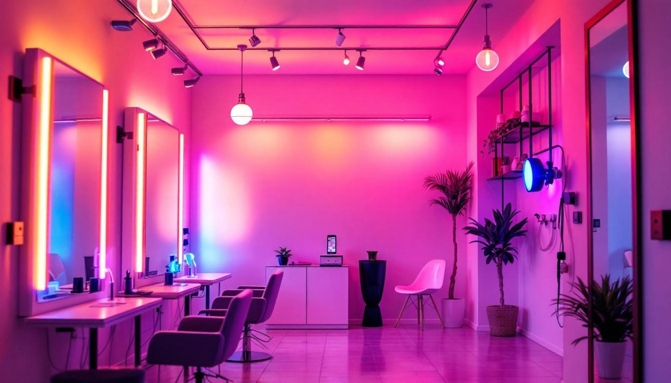 A photograph of a stylish salon interior featuring modern light fixtures alongside visible lighting control systems
