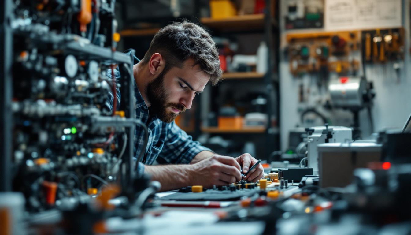 A photograph of a focused electrical engineer engaging with a complex circuit board or appliance