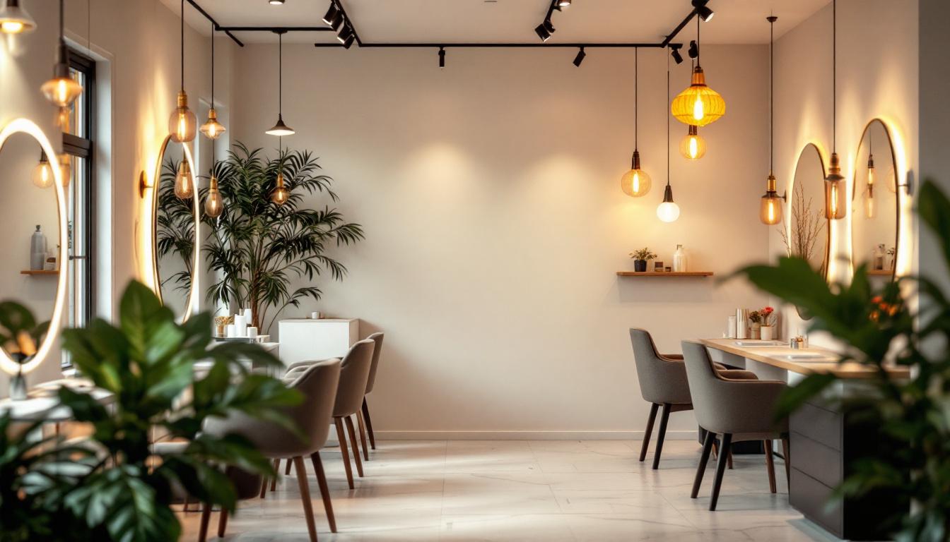 A photograph of a beautifully designed beauty salon interior showcasing various lighting fixtures