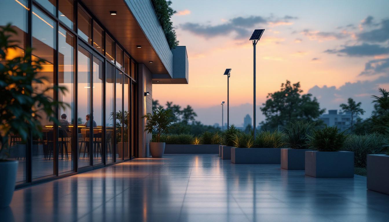 A photograph of a well-lit commercial space showcasing solar-powered lighting solutions in action
