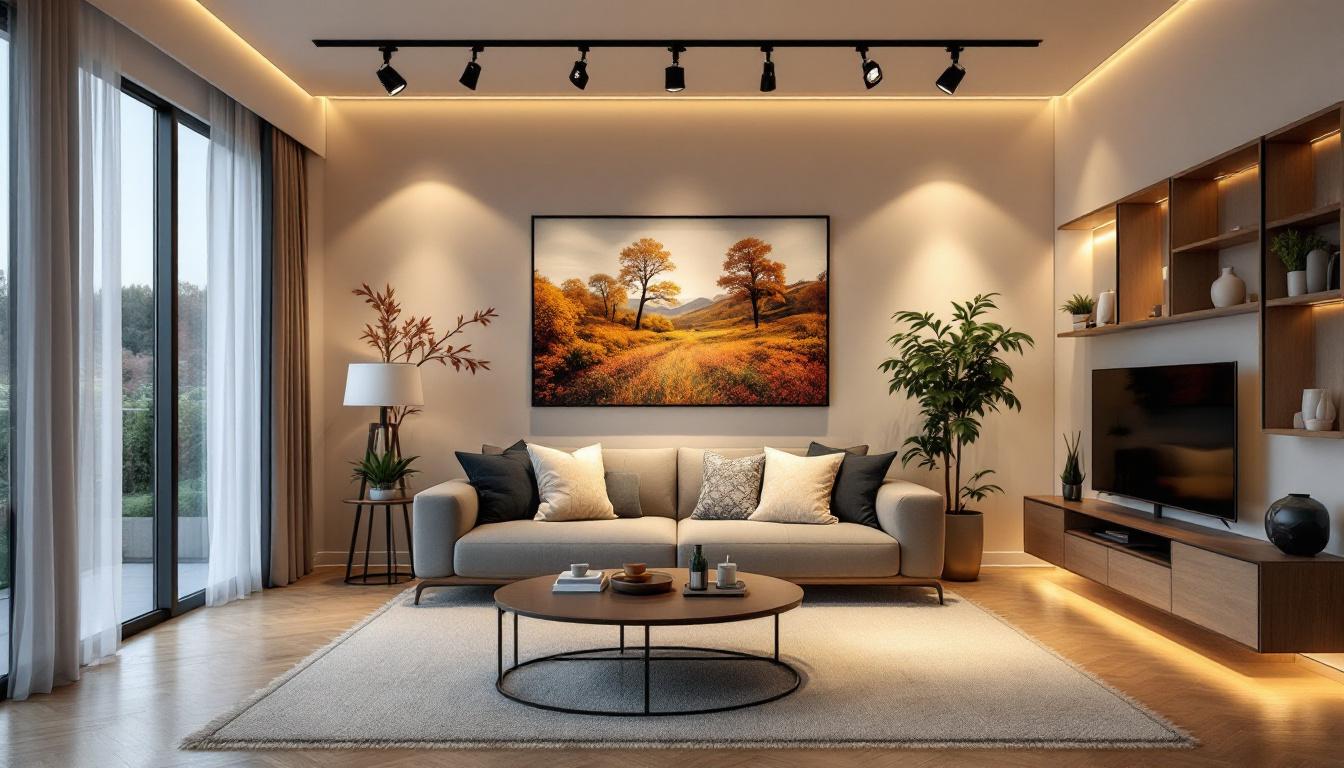 A photograph of a beautifully designed living room featuring stylish track lighting that highlights key decor elements