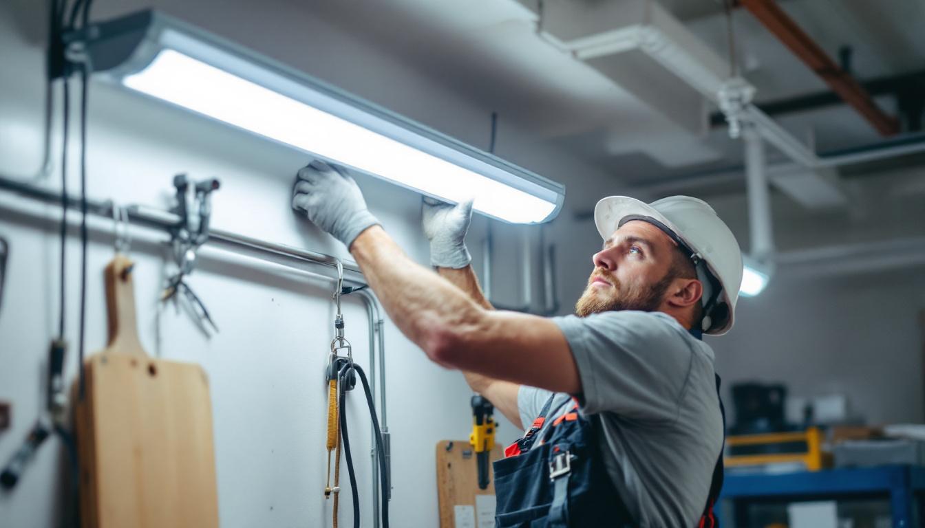 A photograph of a skilled electrical engineer carefully mounting a fluorescent light fixture in a well-lit workspace