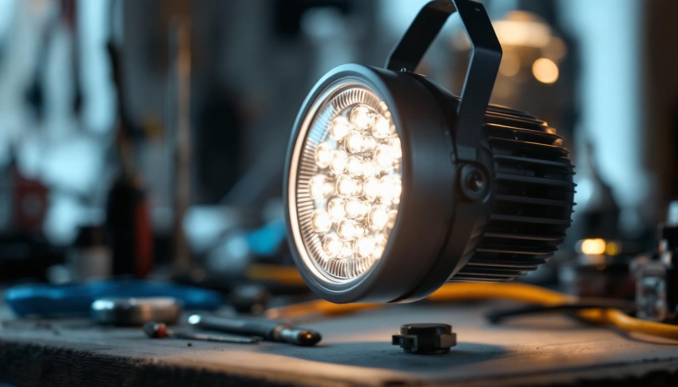A photograph of a close-up of an 8-inch led light fixture being inspected or adjusted